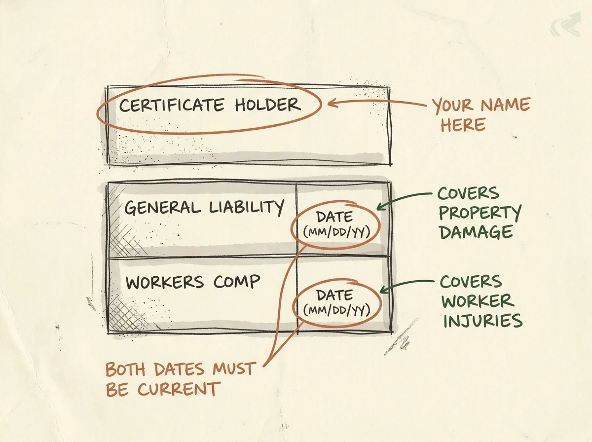 Diagram of an ACORD 25 Certificate of Insurance: the certificate holder field is circled and labeled to hold your name; the general liability row covers property damage and the workers comp row covers worker injuries, with both date fields circled to show they must be current.
