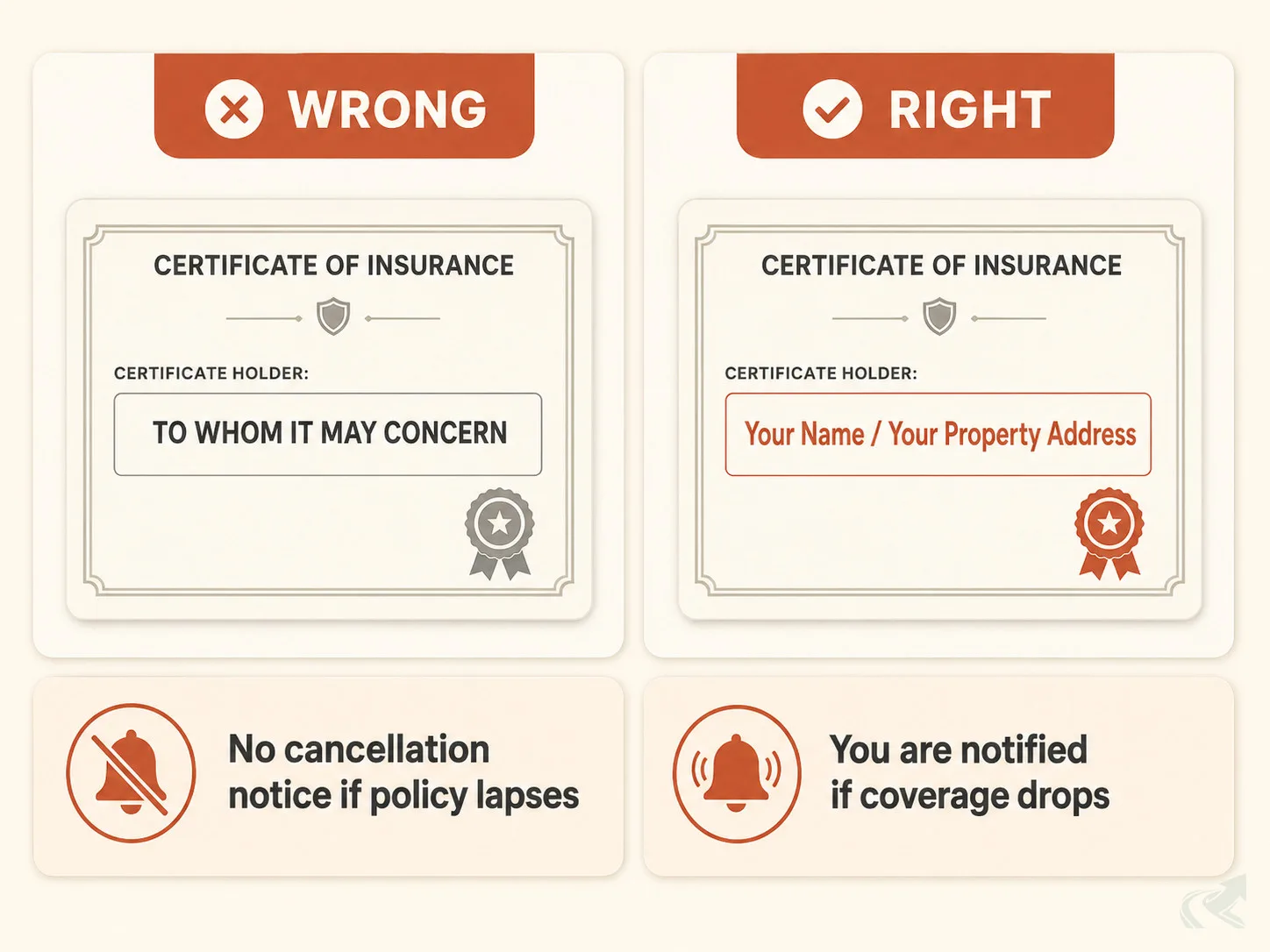 Bento-grid comparison: wrong certificate holder field reading 'TO WHOM IT MAY CONCERN' versus correct field with homeowner name and property address, with cards showing the notification difference between each