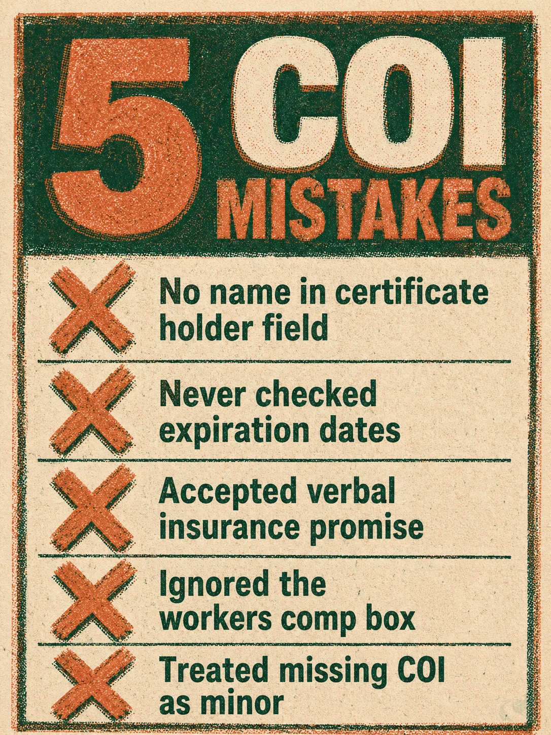 Risograph-style checklist poster titled '5 COI Mistakes' listing: no name in certificate holder field, never checked expiration dates, accepted verbal insurance promise, ignored the workers comp box, and treated missing COI as minor