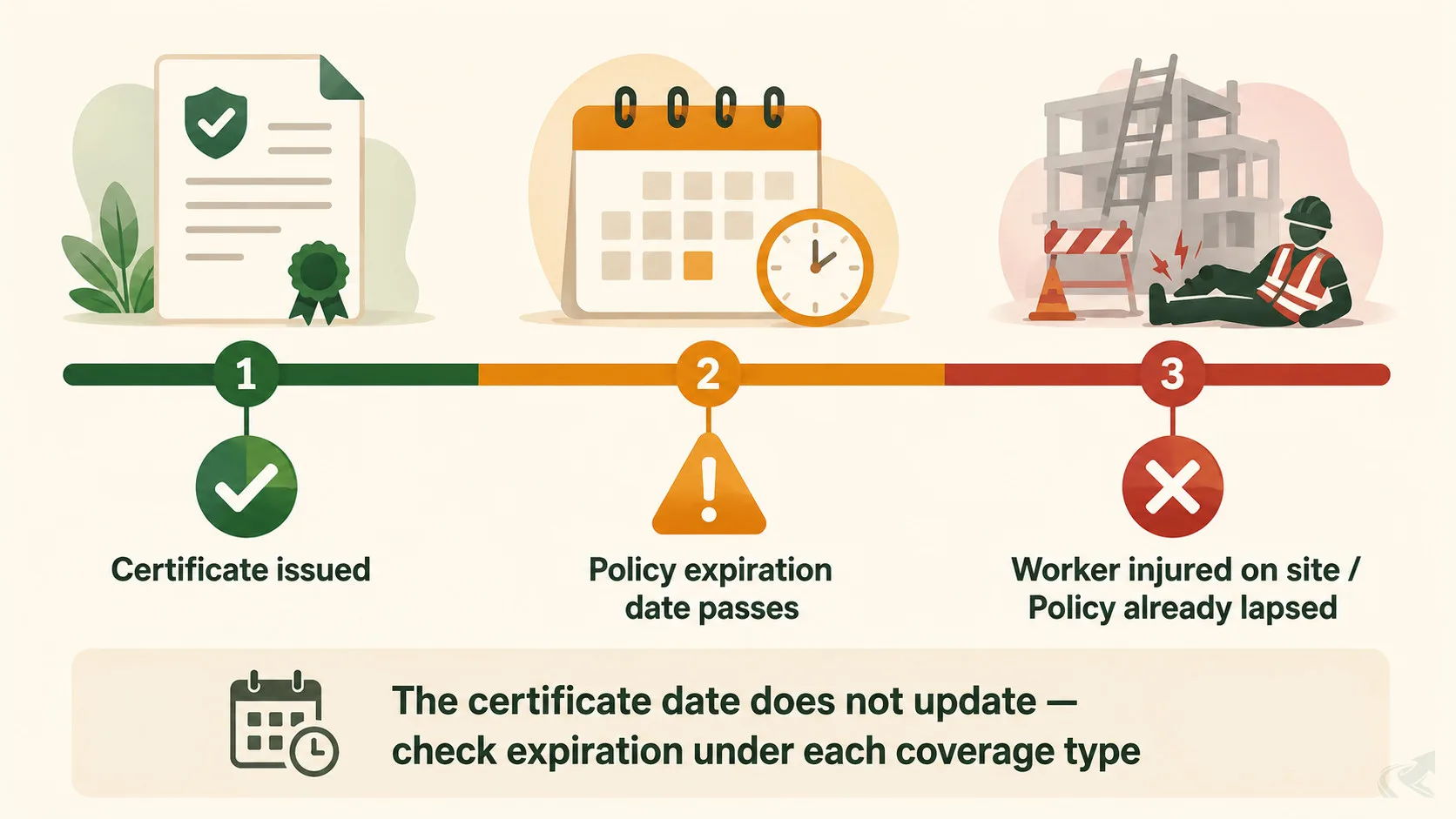 Flat vector timeline showing three stages: certificate issued with green check, policy expiration date passes with orange warning, worker injured after lapse with red X — illustrating that the certificate date does not reflect whether coverage is currently active