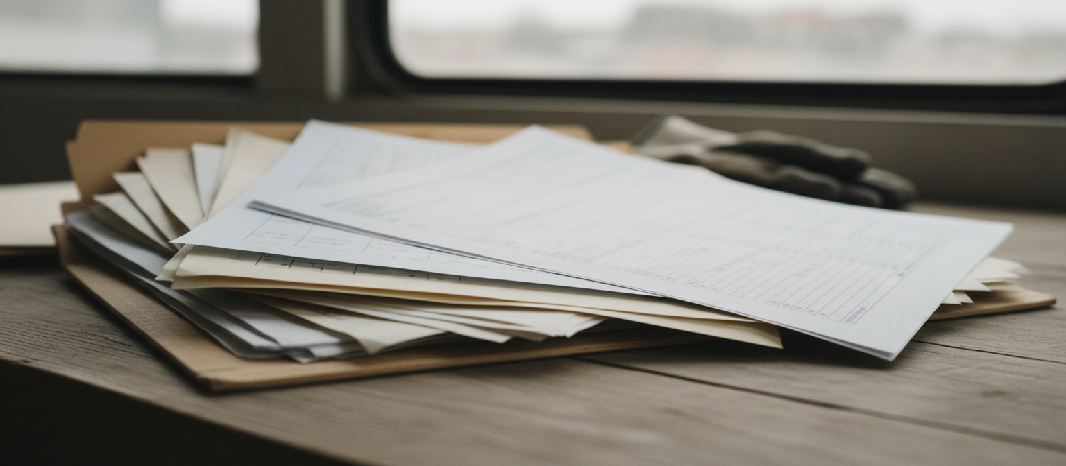 NC contractor insurance COI document folder fanned open on a table, text unreadable