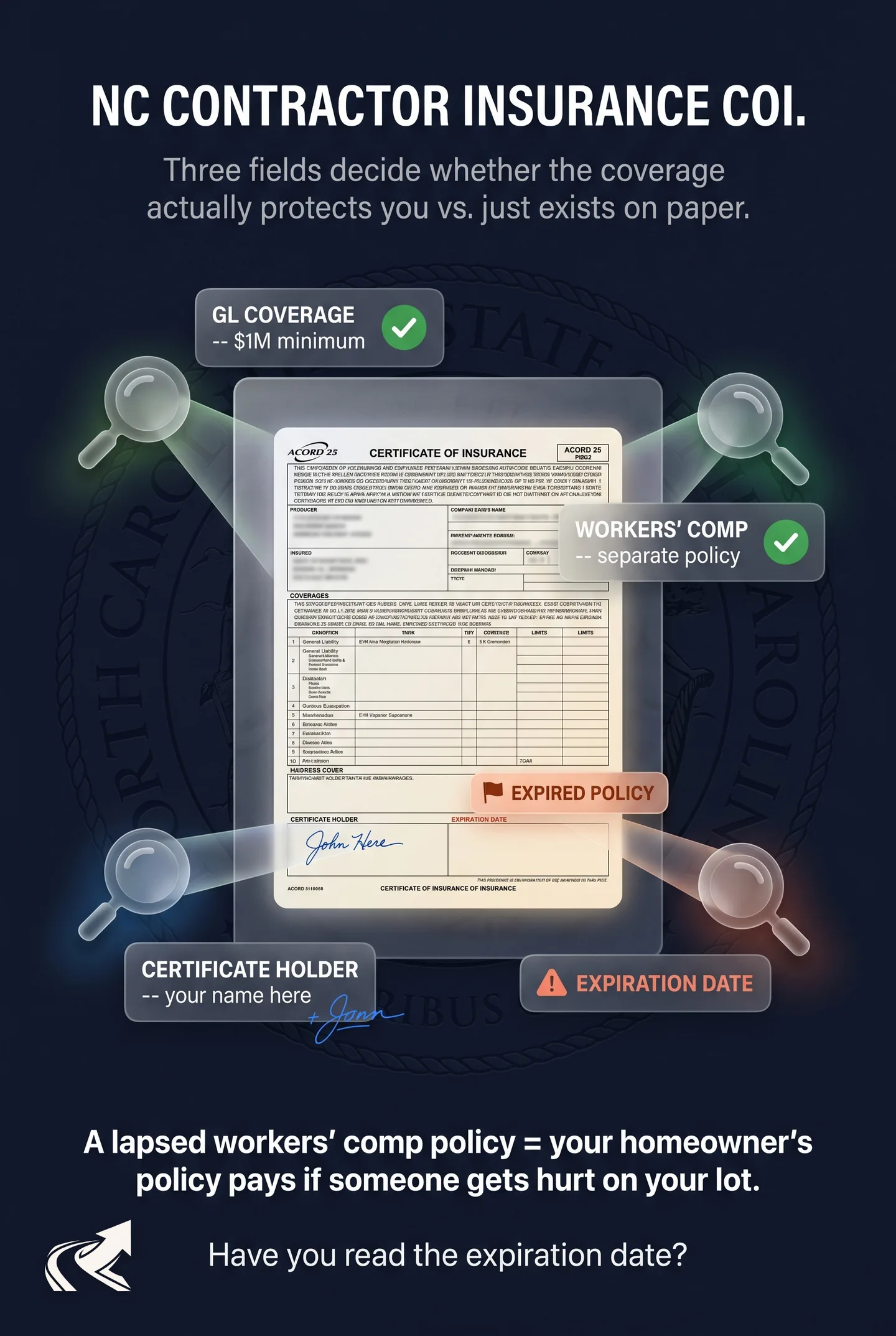 How to verify a NC grading contractor's insurance: reading an ACORD 25, GL vs workers' comp, the certificate holder field, and what a lapsed policy means for your liability.