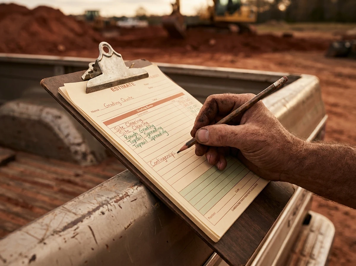 A contractor's hand writing the Contingency line on a grading estimate form clipped to a clipboard on a truck tailgate. Reddish Piedmont clay mounds and an excavator are visible in the background.