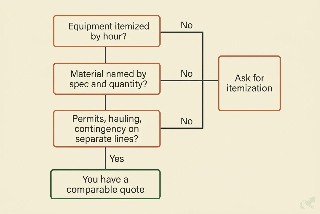 Decision-tree diagram for checking a grading quote: three questions -- is equipment itemized by hour, is material named by spec and quantity, are permits, hauling and contingency on separate lines -- where any 'No' answer leads to 'Ask for itemization' and all three 'Yes' answers lead to 'You have a comparable quote'.