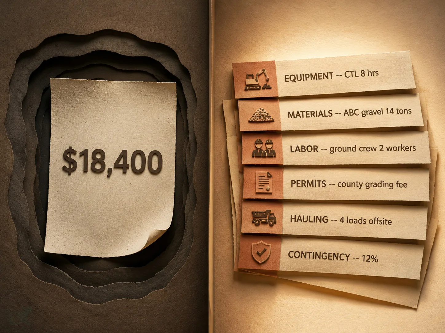 Layered papercraft split-comparison: on the left a single lump-sum sheet showing only $18,400 in dark paper tunnel, on the right six labeled kraft-paper strips fanning out -- Equipment CTL 8 hrs, Materials ABC gravel 14 tons, Labor ground crew 2 workers, Permits county grading fee, Hauling 4 loads offsite, Contingency 12%