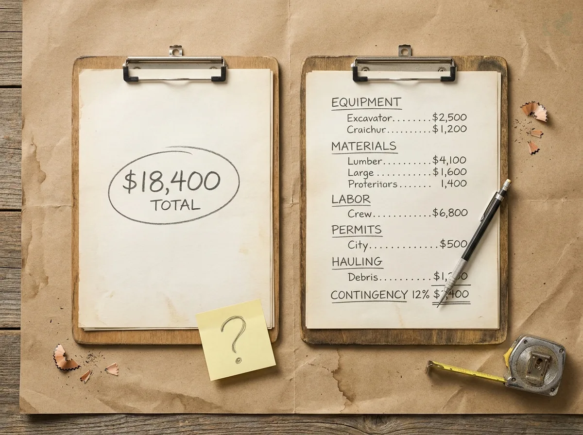 Top-down flat-lay of two contractor clipboards on kraft paper: left clipboard shows only $18,400 TOTAL circled on an otherwise blank sheet with a yellow sticky note question mark, right clipboard shows a full itemized breakdown with Equipment, Materials, Labor, Permits, Hauling, and Contingency 12% headers, a pencil resting across the page