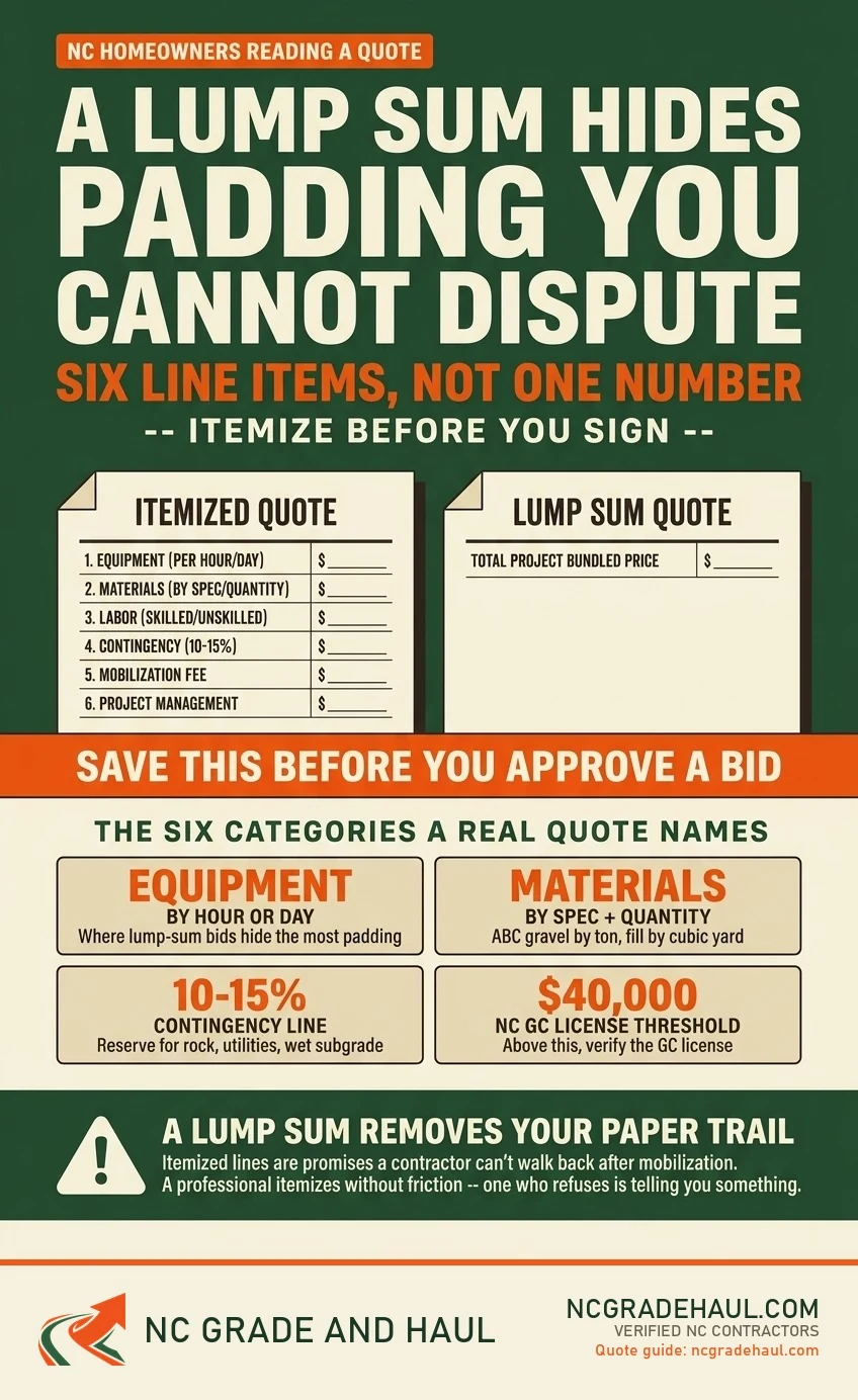 NC grading quote infographic: a lump sum hides padding you cannot dispute -- six line items, not one number. The six categories a real quote names are equipment by hour or day, materials by spec and quantity, labor, a 10-15% contingency line, mobilization, and project management. Above $40,000 in contract value, verify the NC GC license.