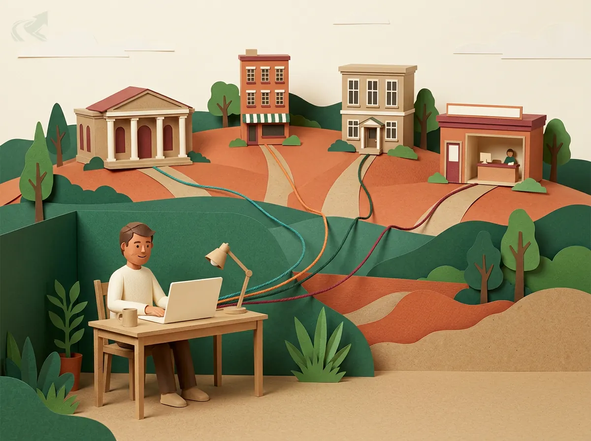 Paper-cut illustration of a homeowner at a desk with a laptop, four colored threads running from the laptop to four separate public buildings on a hill, each one a different office holding a different record.