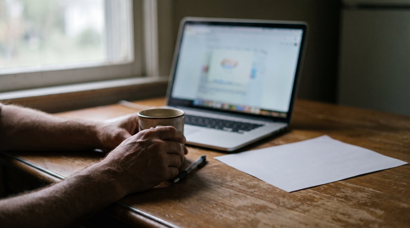 A homeowner at a worn wooden kitchen table, hands around a coffee mug, with a laptop open behind it and a blank sheet of paper beside it, checking a contractor before a decision.