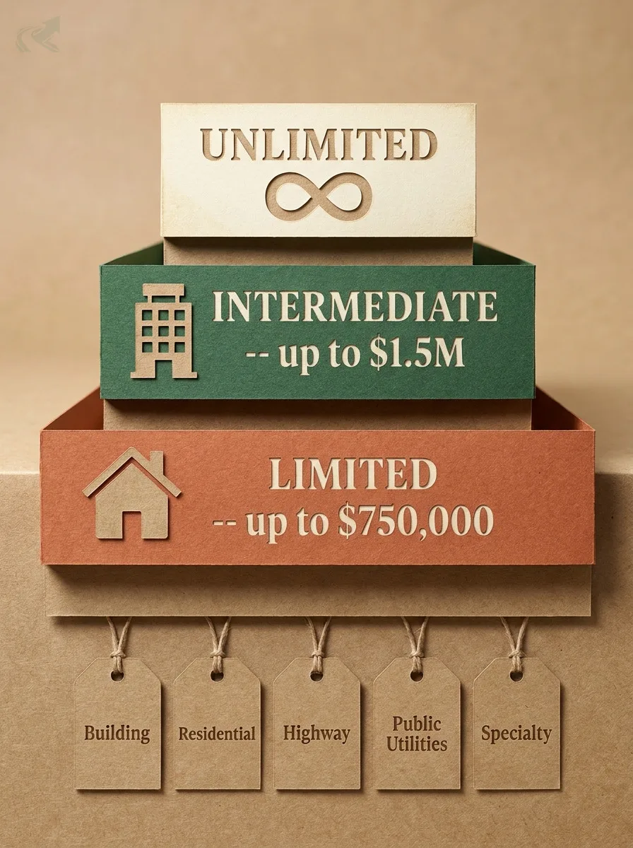 Papercraft pyramid showing NC contractor license monetary tiers -- Limited up to $750,000 in terracotta, Intermediate up to $1.5M in forest green, Unlimited in cream -- with five hanging kraft-paper tags below for the five NC classifications: Building, Residential, Highway, Public Utilities, Specialty