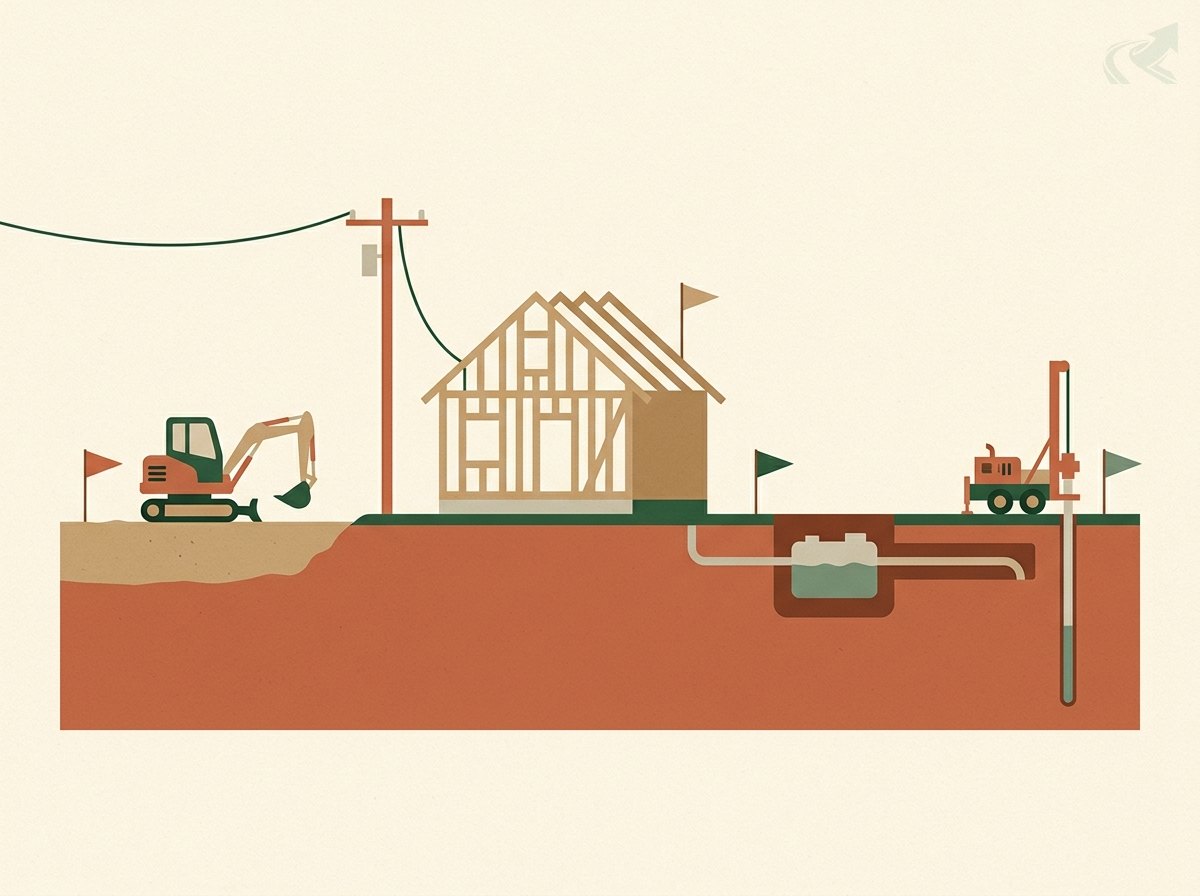 A cutaway illustration of one North Carolina lot: an excavator grading the surface, a house frame with a utility line running to it, a septic tank set into a pit beside a drain-field trench, and a well-drilling rig, each marked with its own flag to show separate kinds of work.