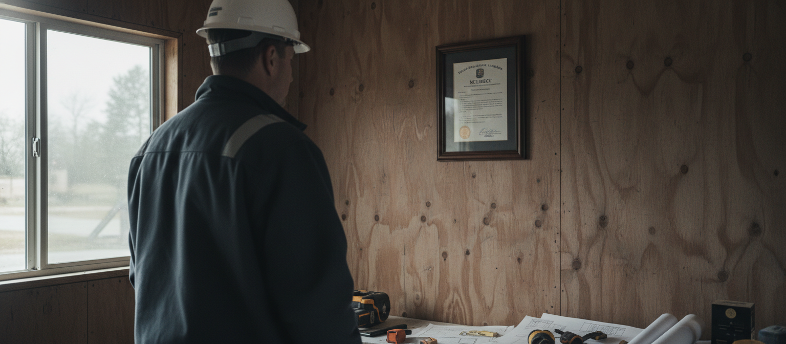 NCLBGC license certificate posted on NC job trailer wall for verification