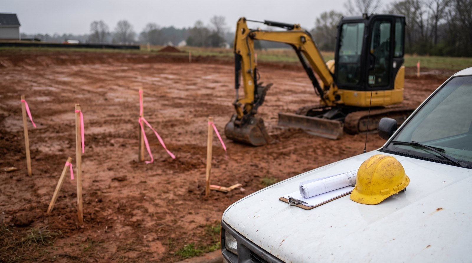 A bare red-clay North Carolina building lot marked with survey stakes and pink flagging, a compact excavator parked at its edge and a pickup truck in the foreground with a hard hat and rolled plans on the hood.