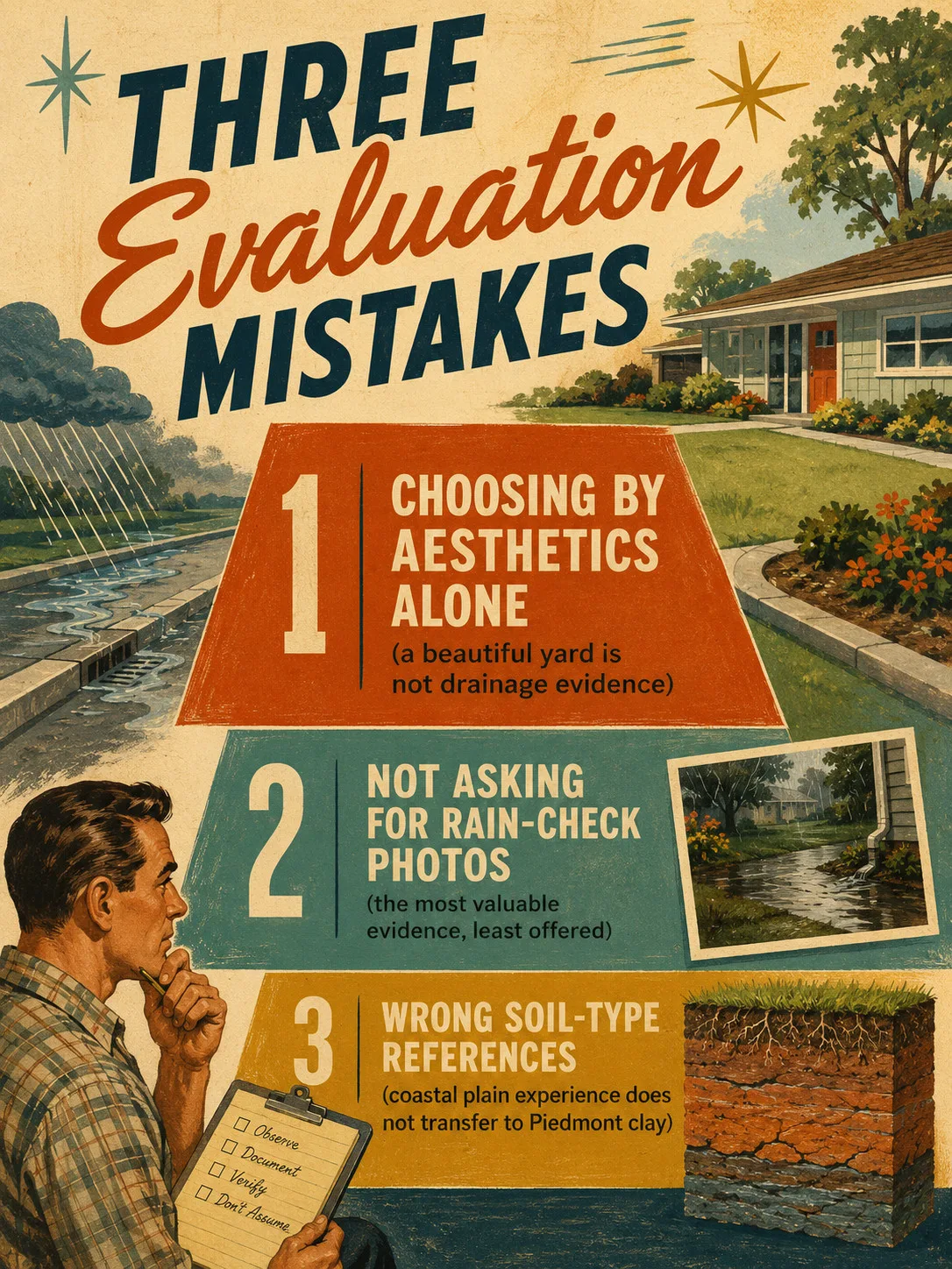 Three ranked mistakes when evaluating a grading contractor portfolio: choosing by aesthetics, skipping rain-check photo requests, and taking references from the wrong soil type
