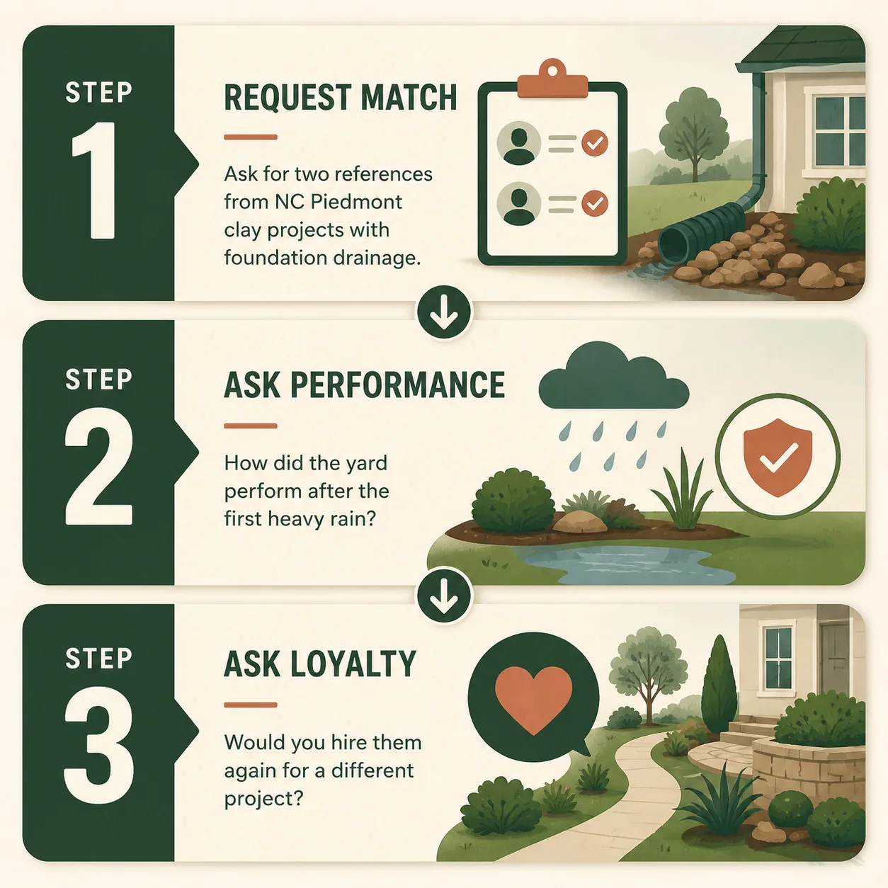 Three-step process for checking contractor references: request a project match, ask about post-rain performance, and ask whether the homeowner would rehire