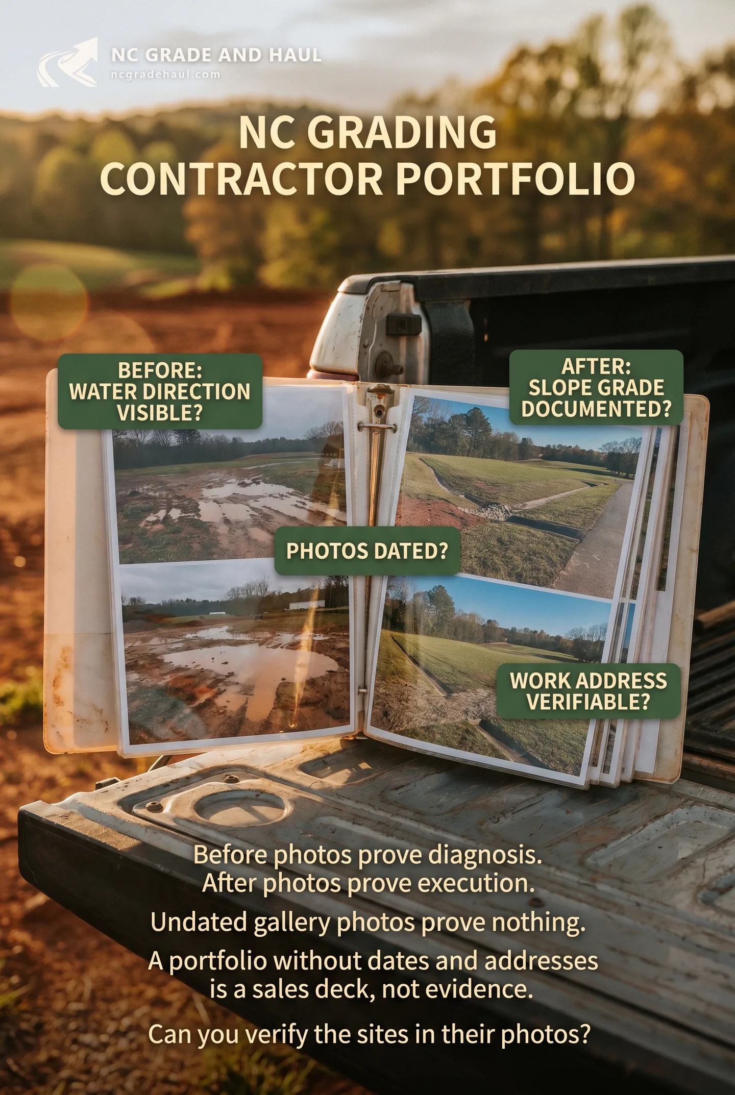 What an NC grading contractor's portfolio should show — before-and-after drainage photos, red flags in project galleries, and the documentation that signals real work.