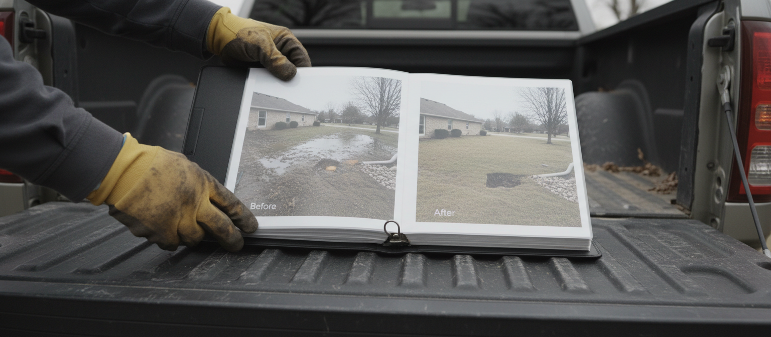 NC grading contractor portfolio binder open on tailgate showing before-and-after drainage photos