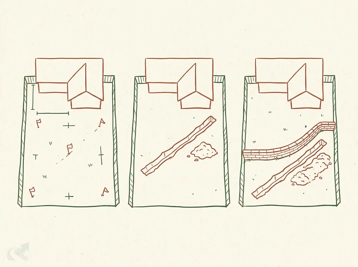 Three identical back yards drawn side by side from above: the first has only a few survey flags, the second adds a trench and a pile of dirt, the third adds a retaining wall as well as the trench and dirt.