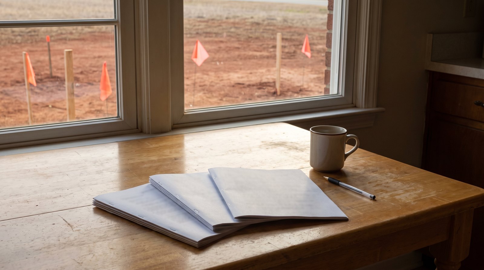 Three thin stapled paper packets fanned out on a wooden kitchen table beside a coffee mug and a pen, with a bare red clay lot marked by survey flags and stakes visible through the window.
