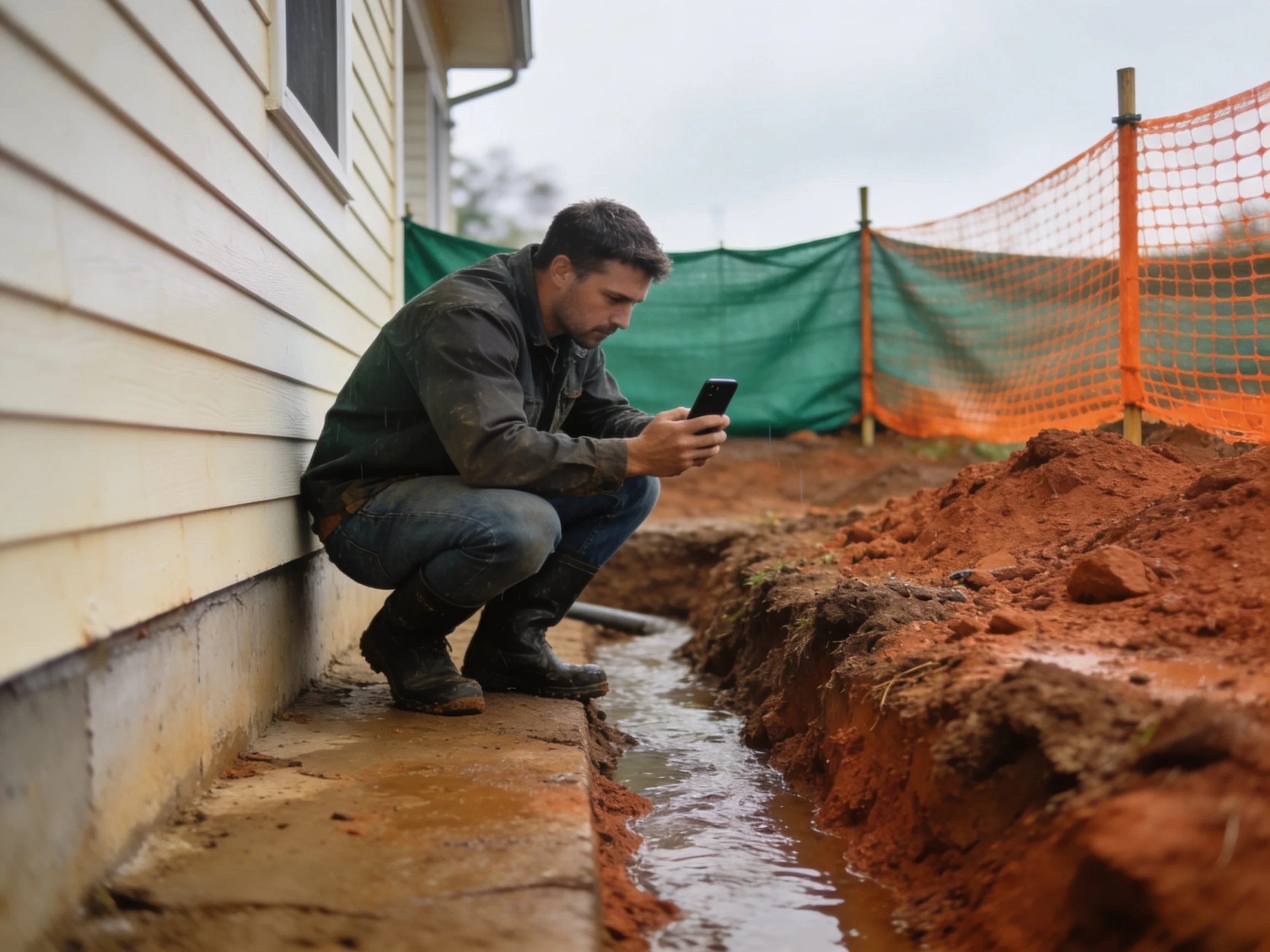 A grading contractor crouches at a residential foundation corner, photographing standing water drainage with a phone after rain -- terracotta soil, green silt fence, and overcast sky visible.