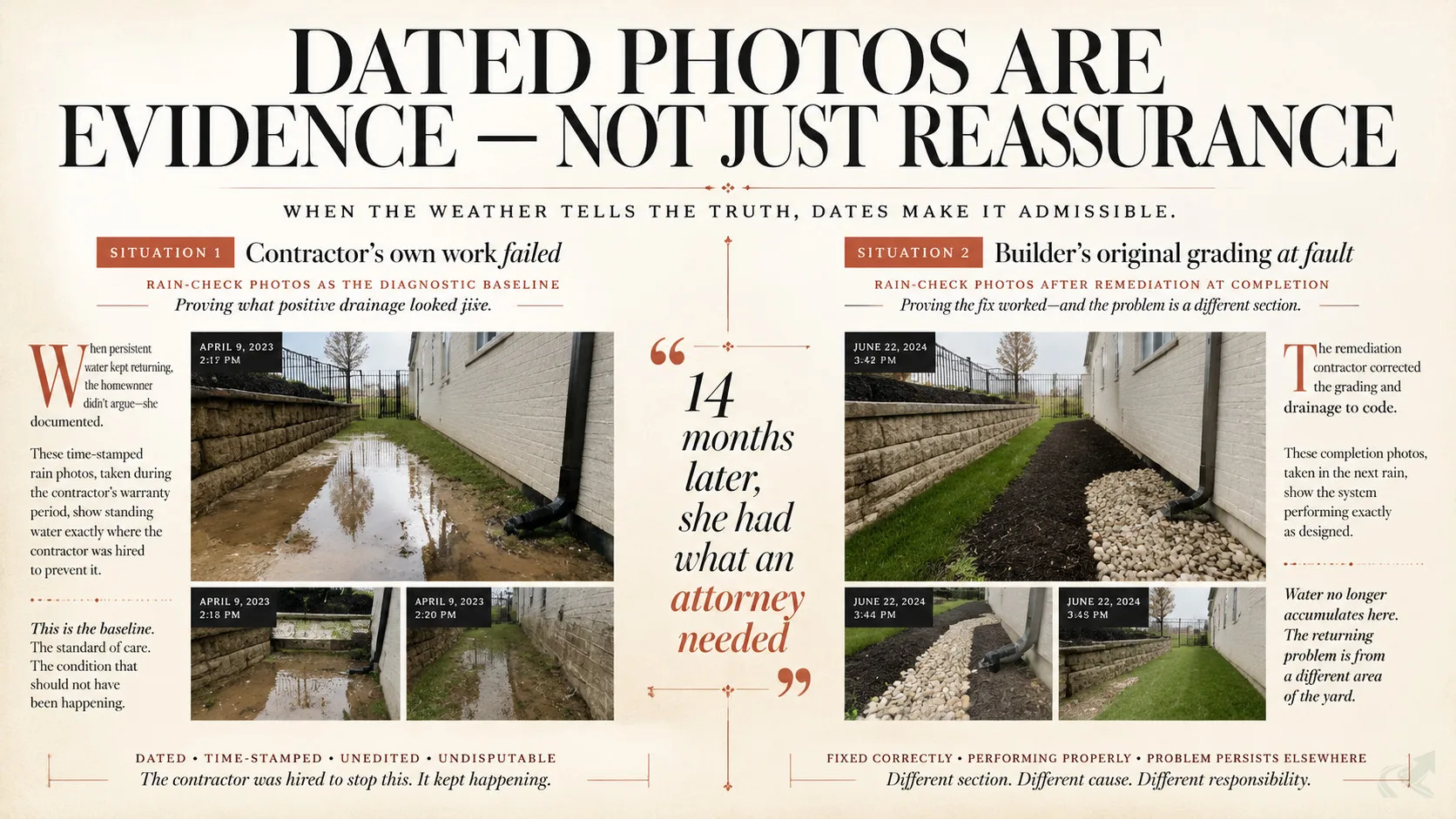Editorial magazine spread contrasting two rain-check documentation scenarios: Situation 1 where contractor photos diagnose a workmanship failure and Situation 2 where photos prove remediation success and isolate a returning builder-grading problem