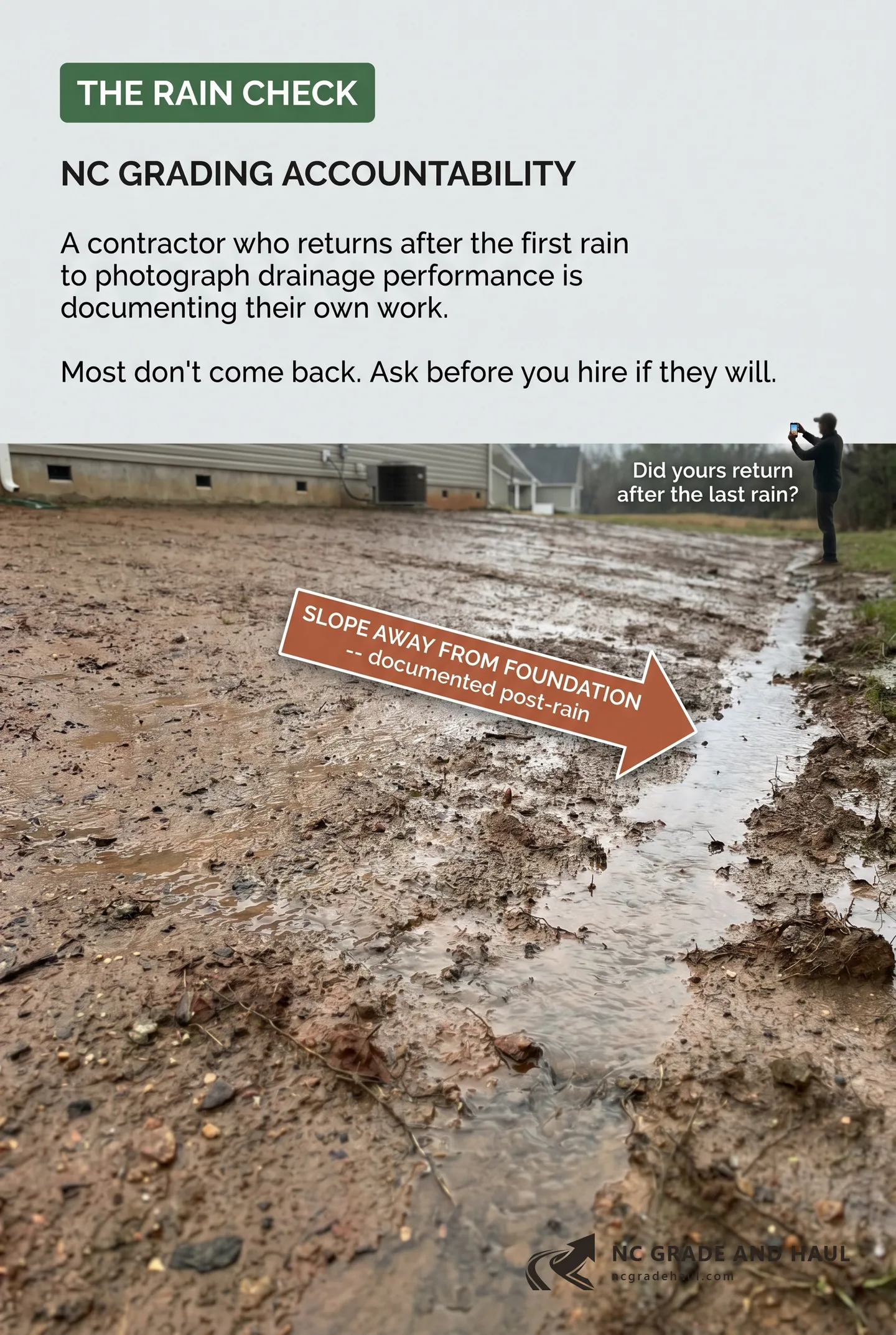The rain-check practice: a grading contractor returns after the first NC rain to photo-document drainage performance. What it is, how to request it, and why it signals accountability.