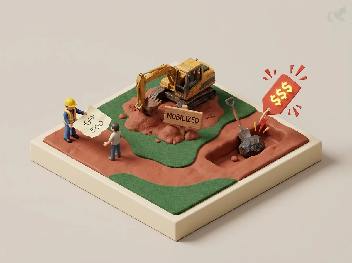 Isometric 3D diorama showing the change-order trap -- a contractor hands a homeowner a low paper quote on the left, an excavator sits mobilized on red clay in the center, and a shovel hits a rock in a pit on the right with a red dollar-sign price tag exploding upward