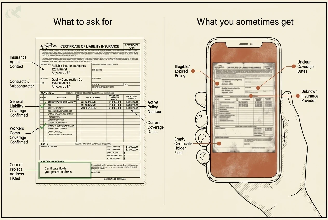 Side-by-side comparison: a complete ACORD 25 certificate of insurance with general liability and workers' comp confirmed and your project address in the certificate-holder field, versus a blurry phone photo of an old certificate with an empty certificate-holder field.