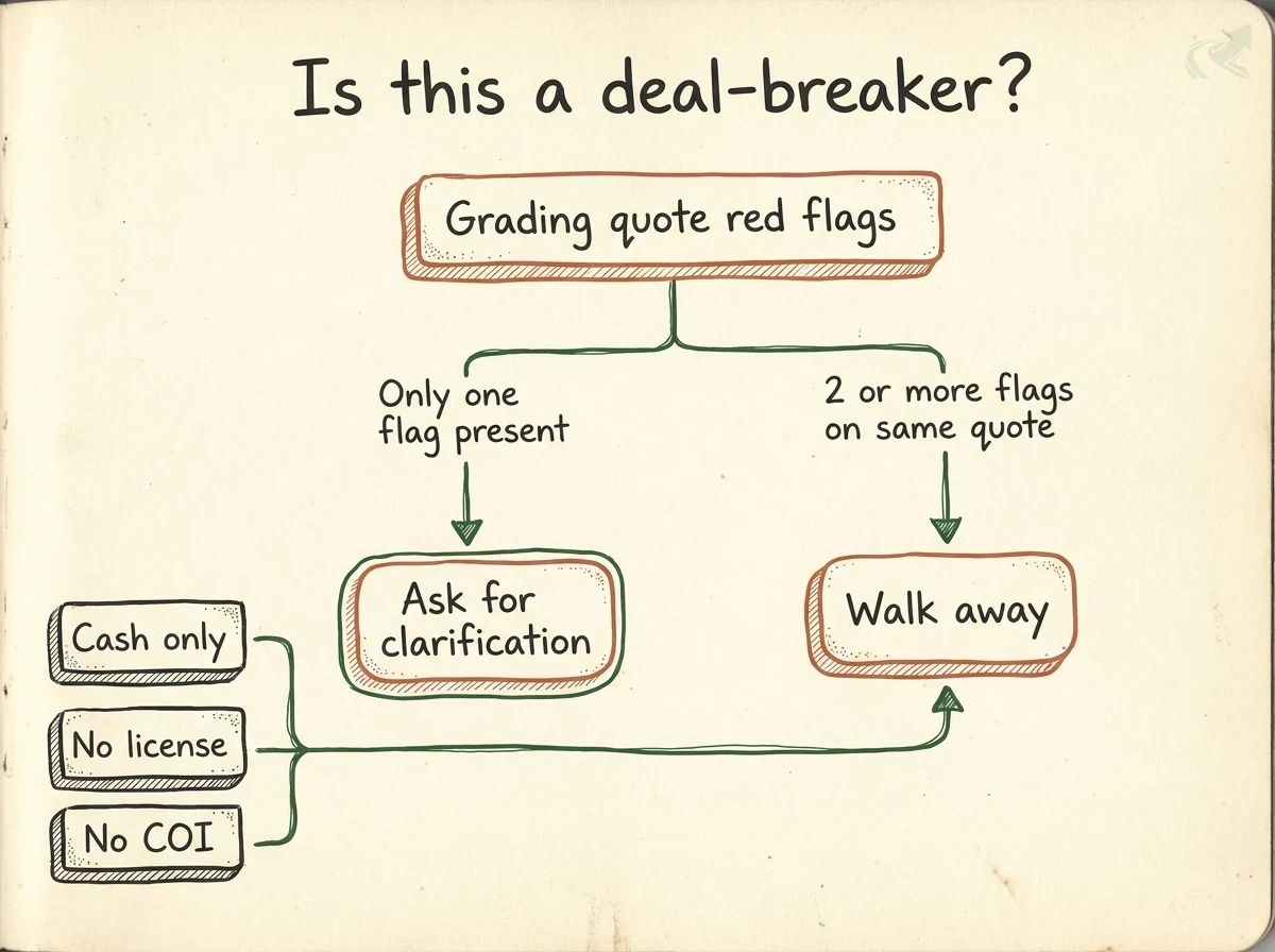 Decision tree: one flag present leads to 'ask for clarification'; two or more flags on the same quote leads to 'walk away'. The three deal-breaker flags -- cash only, no license, no COI -- route straight to 'walk away' even on their own.