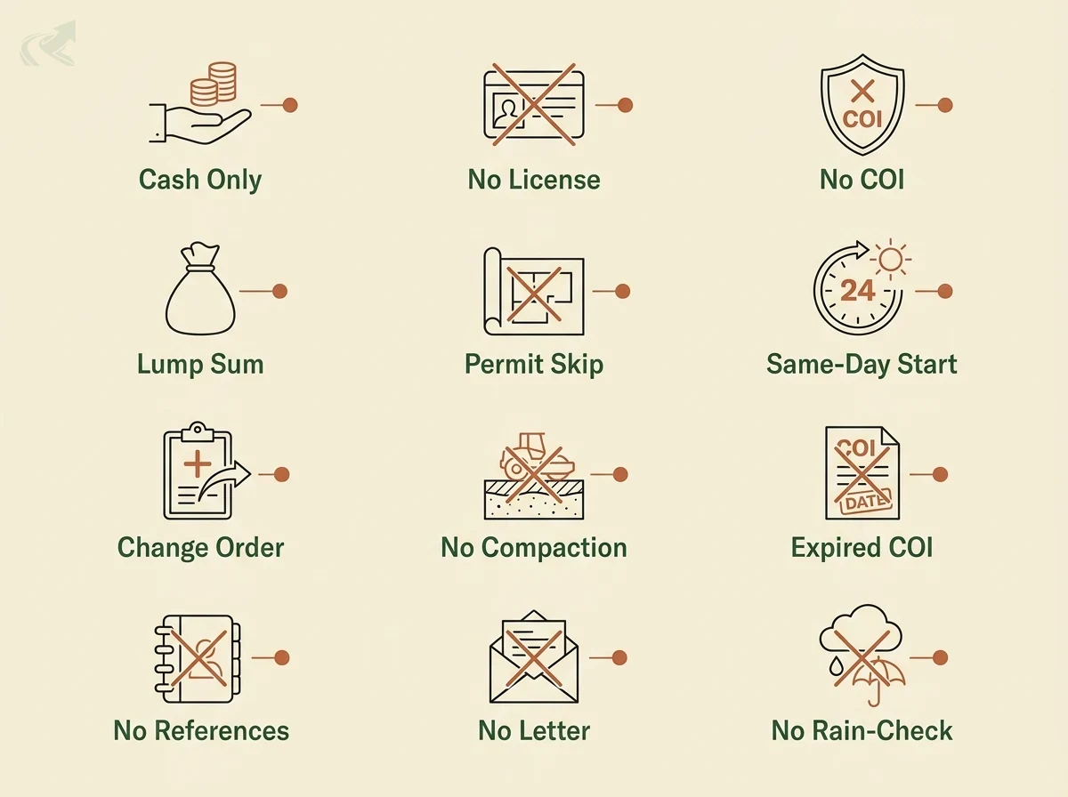 A 3-by-4 icon grid of the twelve NC grading-contractor red flags: cash only, no license, no COI, lump sum, permit skip, same-day start, change order, no compaction, expired COI, no references, no letter, no rain-check.