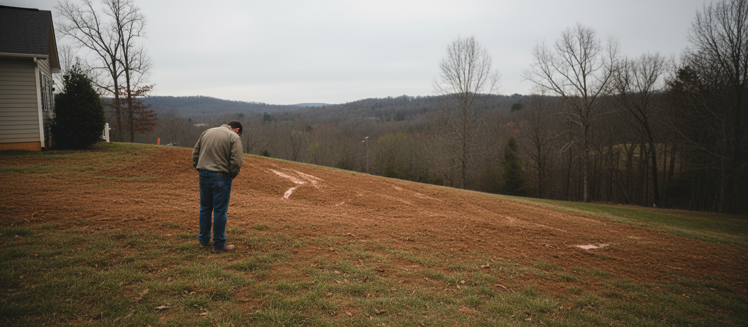 NC grading red flags: homeowner inspecting pooling water draining toward foundation