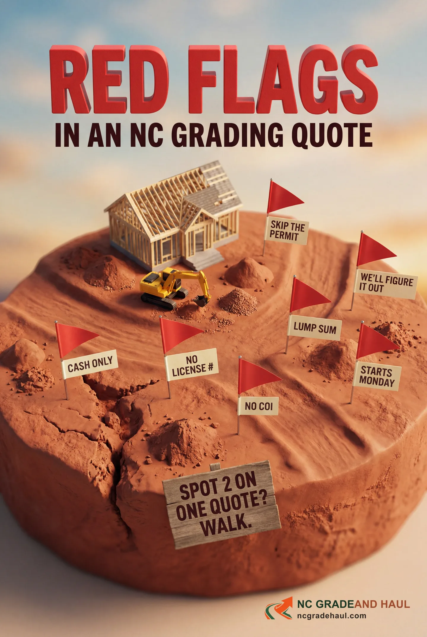 NC grading-contractor red-flags pin: a 3D miniature jobsite 'minefield' with red warning flags labeled cash only, no license number, no COI, skip the permit, lump sum, starts Monday, and we'll figure it out -- spot two on one quote and walk.