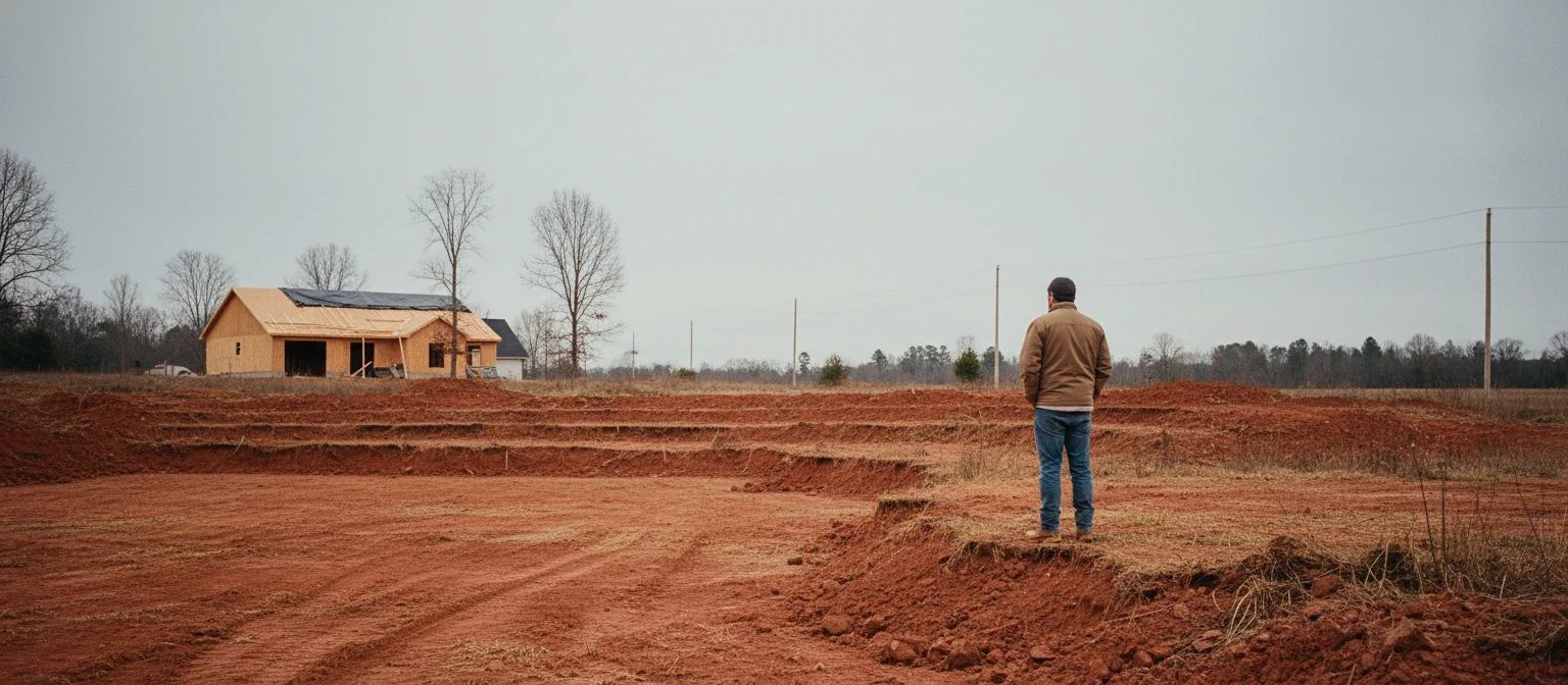 NC stop work unlicensed contractor site -- homeowner surveys abandoned half-graded red clay yard