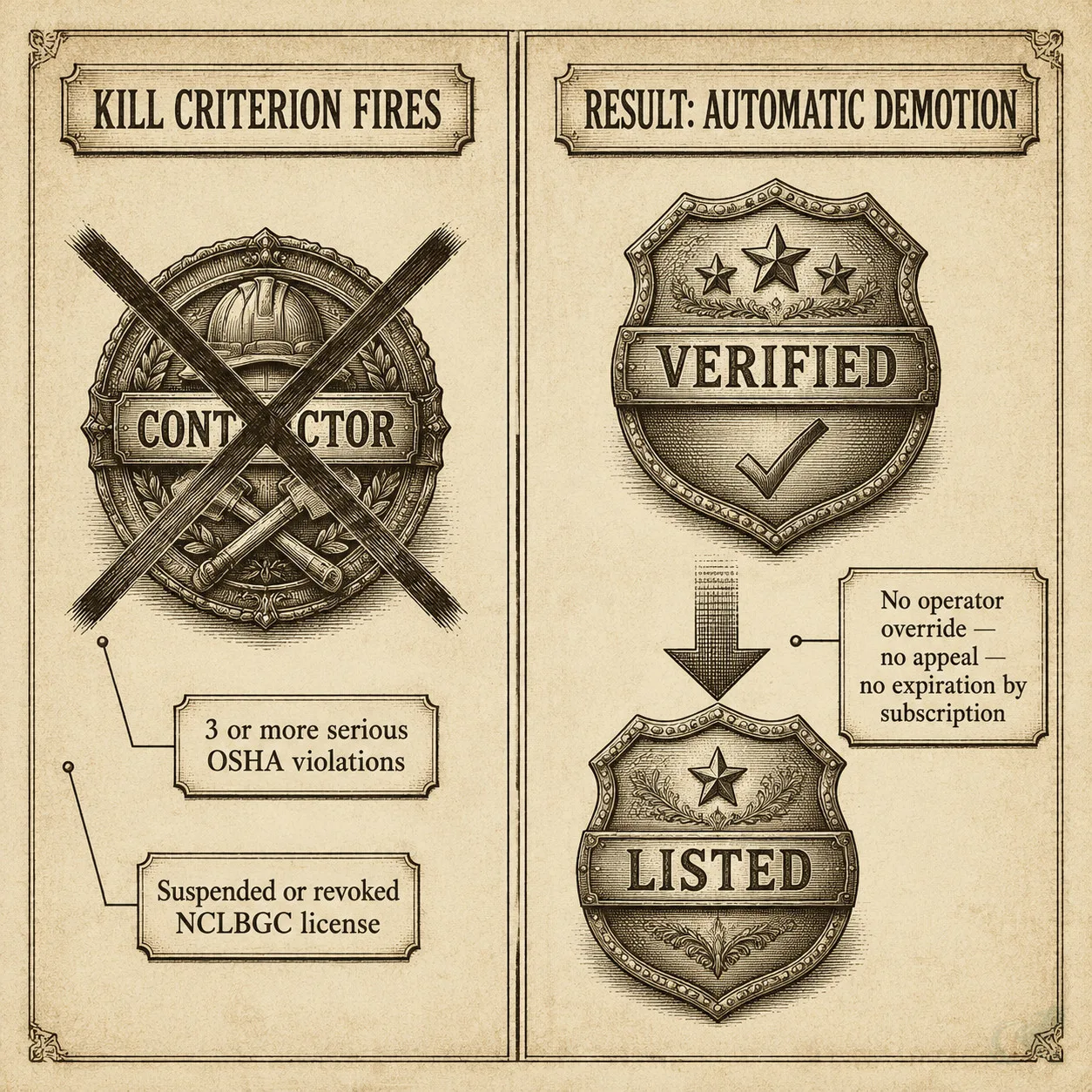 Vintage engraving-style comparison diagram showing the two NCGH kill criteria — three or more serious OSHA violations, or a suspended NCLBGC license — triggering an automatic demotion from Verified to Listed with no operator override.