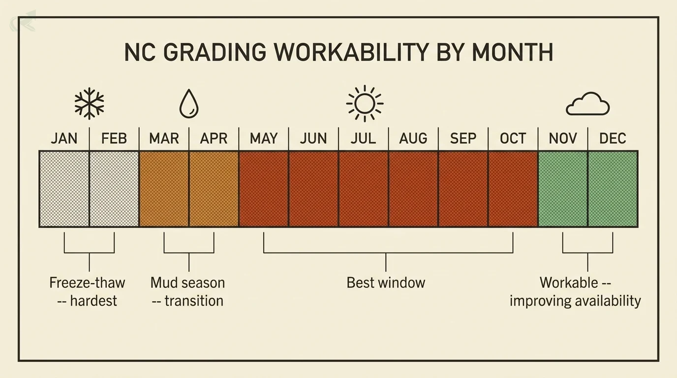A 12-month calendar strip of NC grading workability: January and February shown as freeze-thaw hardest, March and April as mud-season transition, May through October as the best window, and November and December as workable with improving availability.