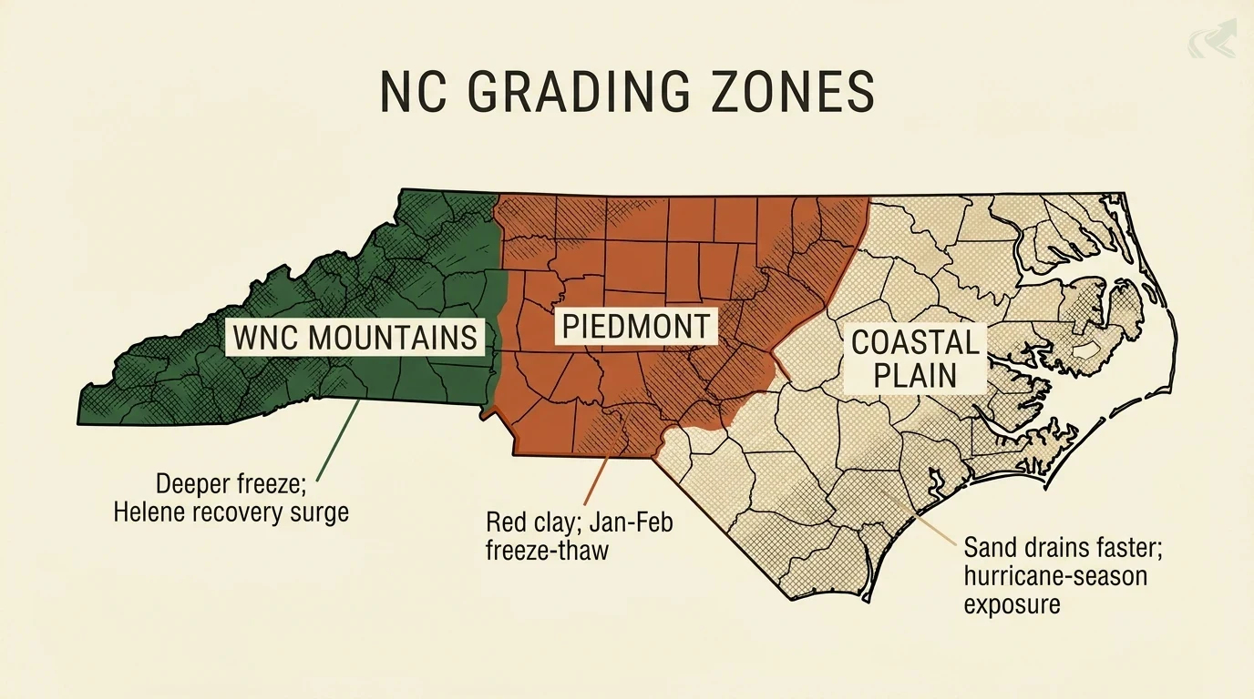 A simplified map of North Carolina divided into three physiographic zones: WNC Mountains with deeper freeze and Helene recovery surge, Piedmont with red clay and January-February freeze-thaw, and Coastal Plain where sand drains faster but hurricane-season exposure applies.