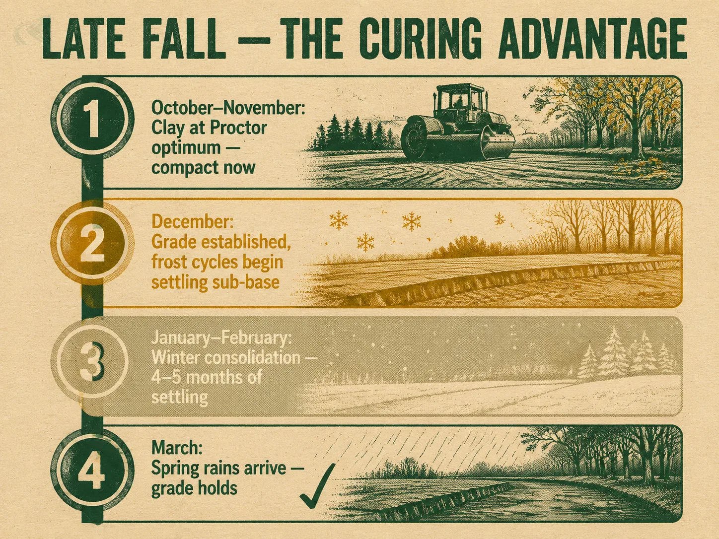 Risograph-style vertical timeline showing the four stages of a late-fall NC grading project: October–November optimal compaction, December frost settling, January–February winter consolidation, and March spring rains — illustrating how fall-installed grades cure over winter before the wet season arrives.
