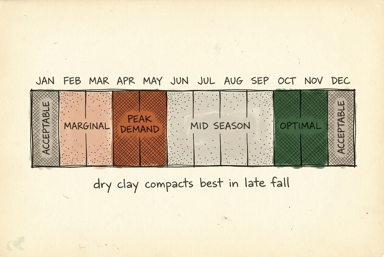 Diagram of a 12-month NC grading calendar with color-coded booking windows: October and November are optimal, December and January acceptable, February and March marginal, April and May peak demand, and June through September mid-season.