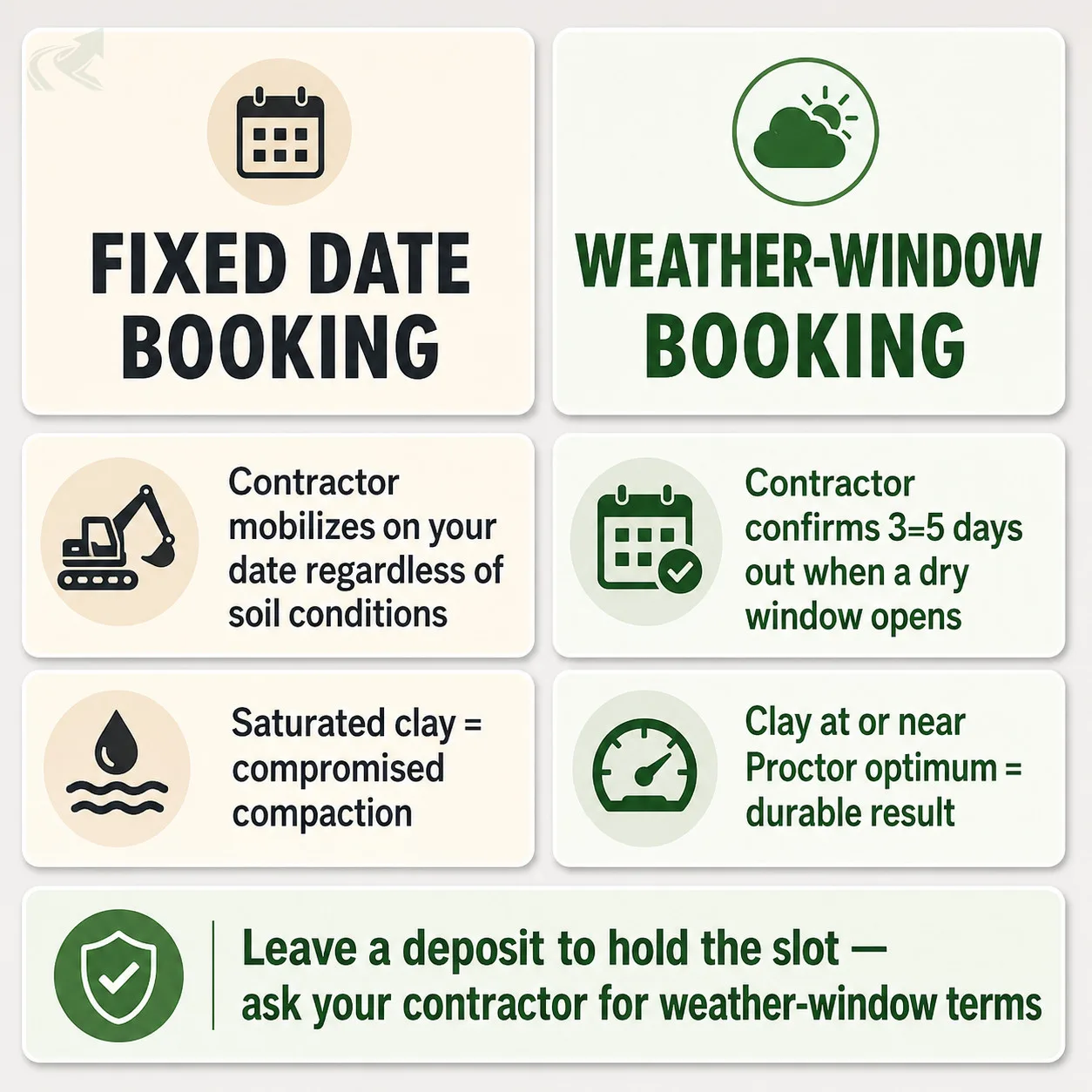 Bento-grid comparison of fixed-date booking versus weather-window booking for NC grading work, showing that fixed-date jobs risk saturated clay while weather-window agreements let the contractor mobilize only when soil conditions are workable.