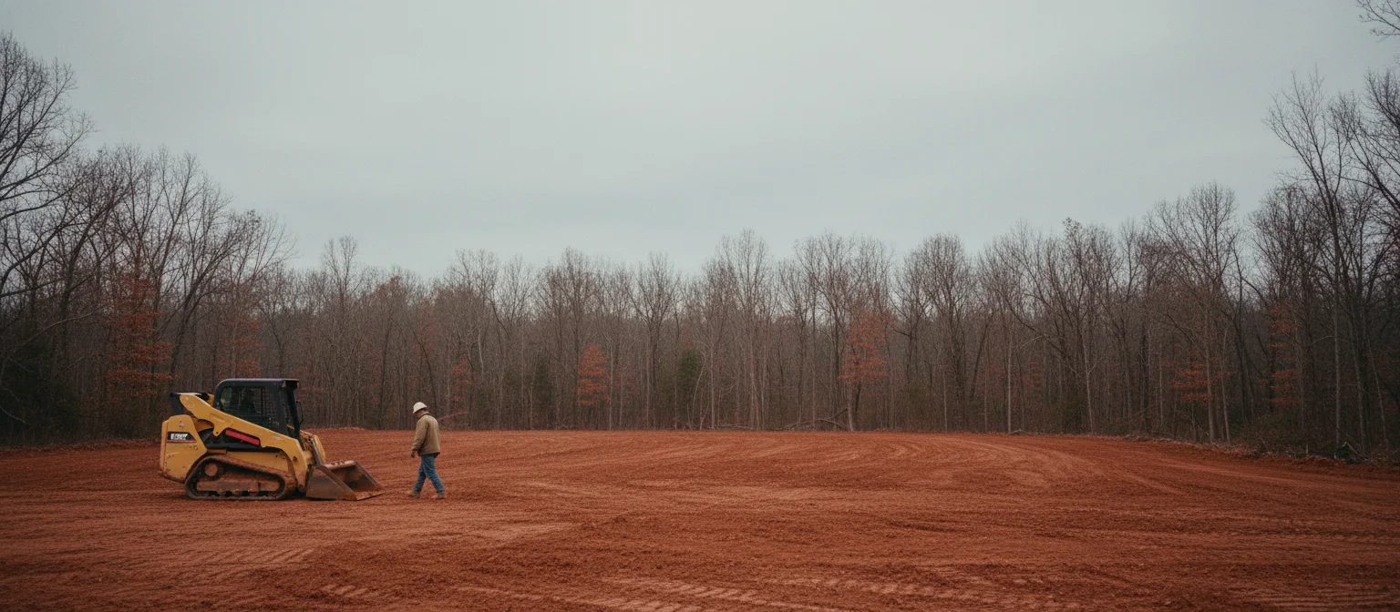 NC grading dry-season -- bare red clay site with skid steer at dusk