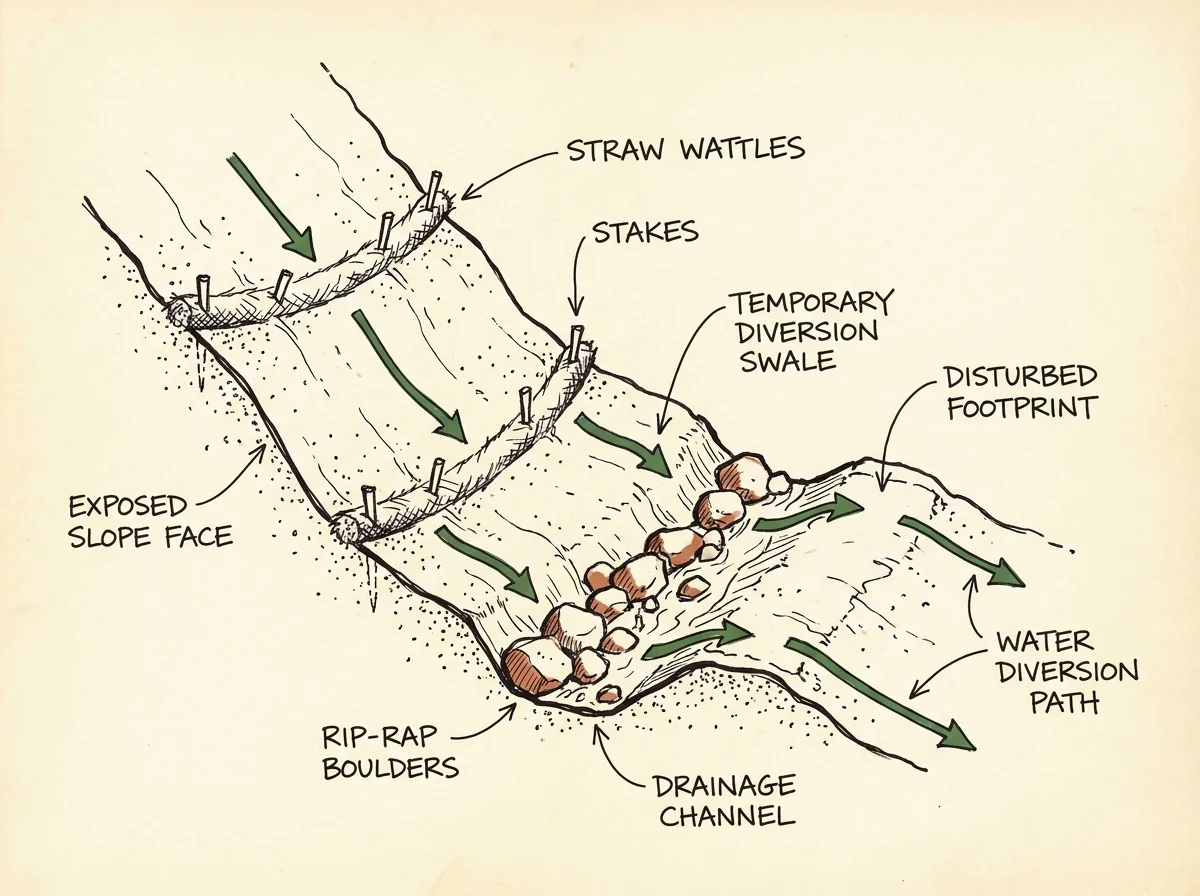 Field-notebook schematic diagram of a steep WNC slope showing straw wattles staked across the face, rip-rap boulders in the high-velocity drainage channel at the base, and arrows indicating the water diversion path away from the disturbed footprint.