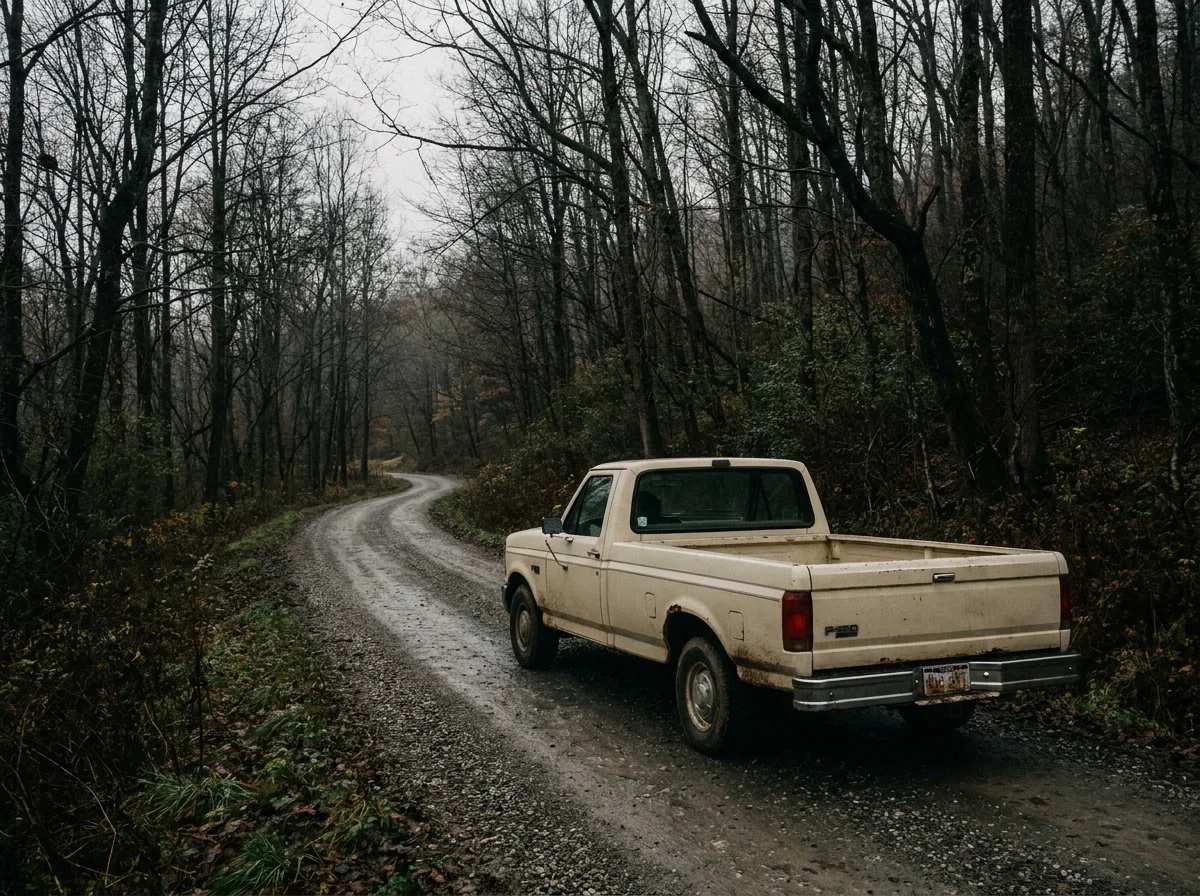 A pickup truck with out-of-state license plates parked on a WNC gravel road, no company signage, surrounded by bare-branched hardwoods in overcast mountain light.