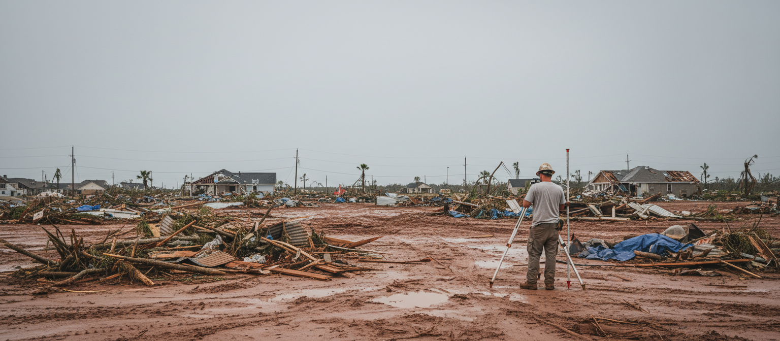 NC post-hurricane grading contractor surveys storm-damaged yard strewn with debris