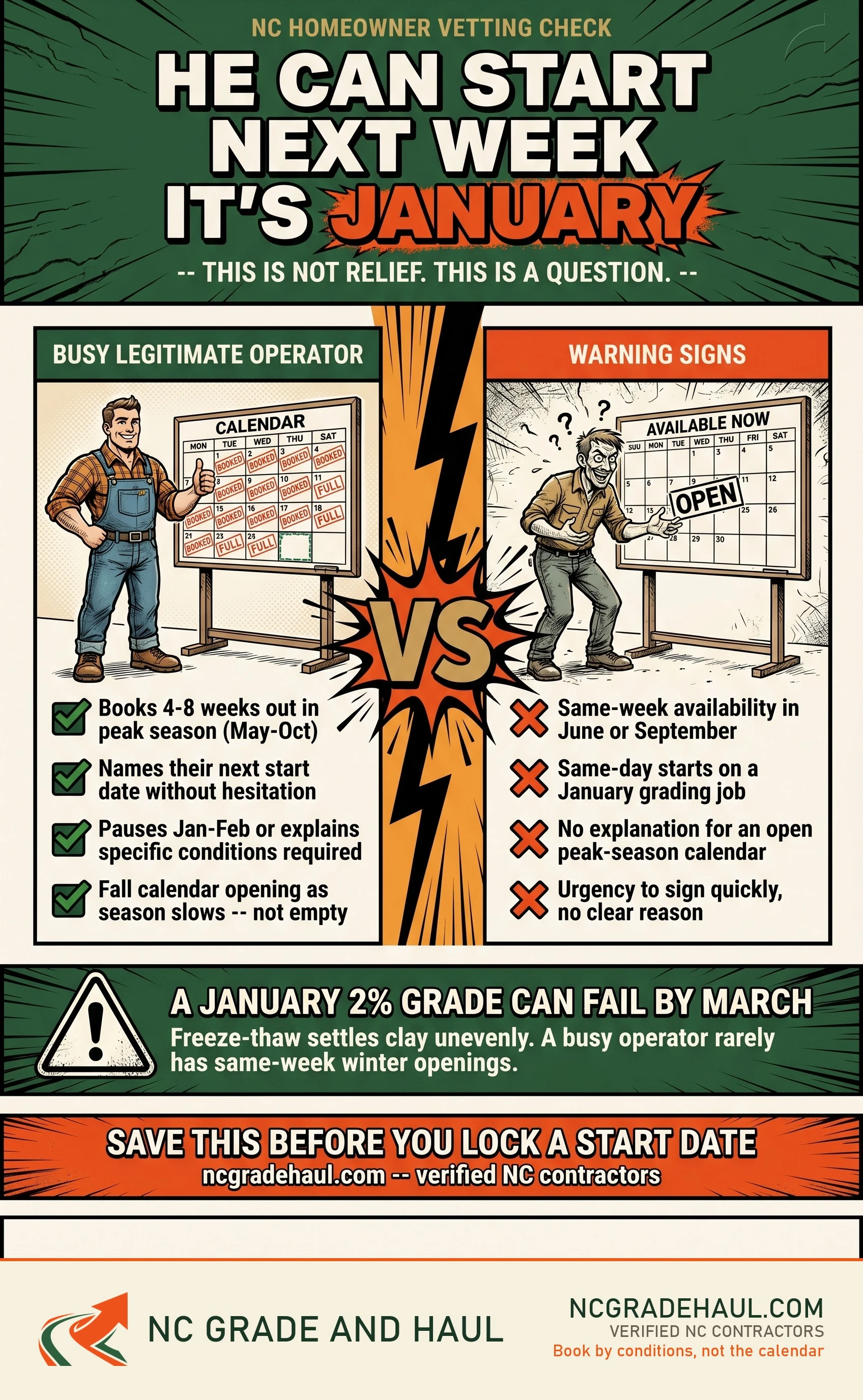 When is the best time to book a grading contractor NC - NC Grade and Haul infographic.