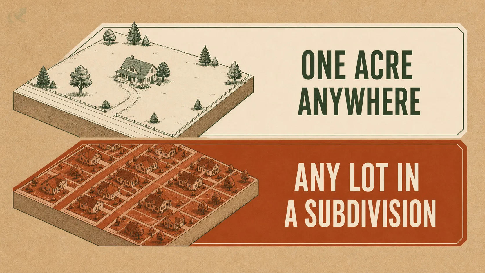 An editorial chart comparing two independent permit triggers in clearly separated tones: one acre anywhere, versus any lot inside a subdivision