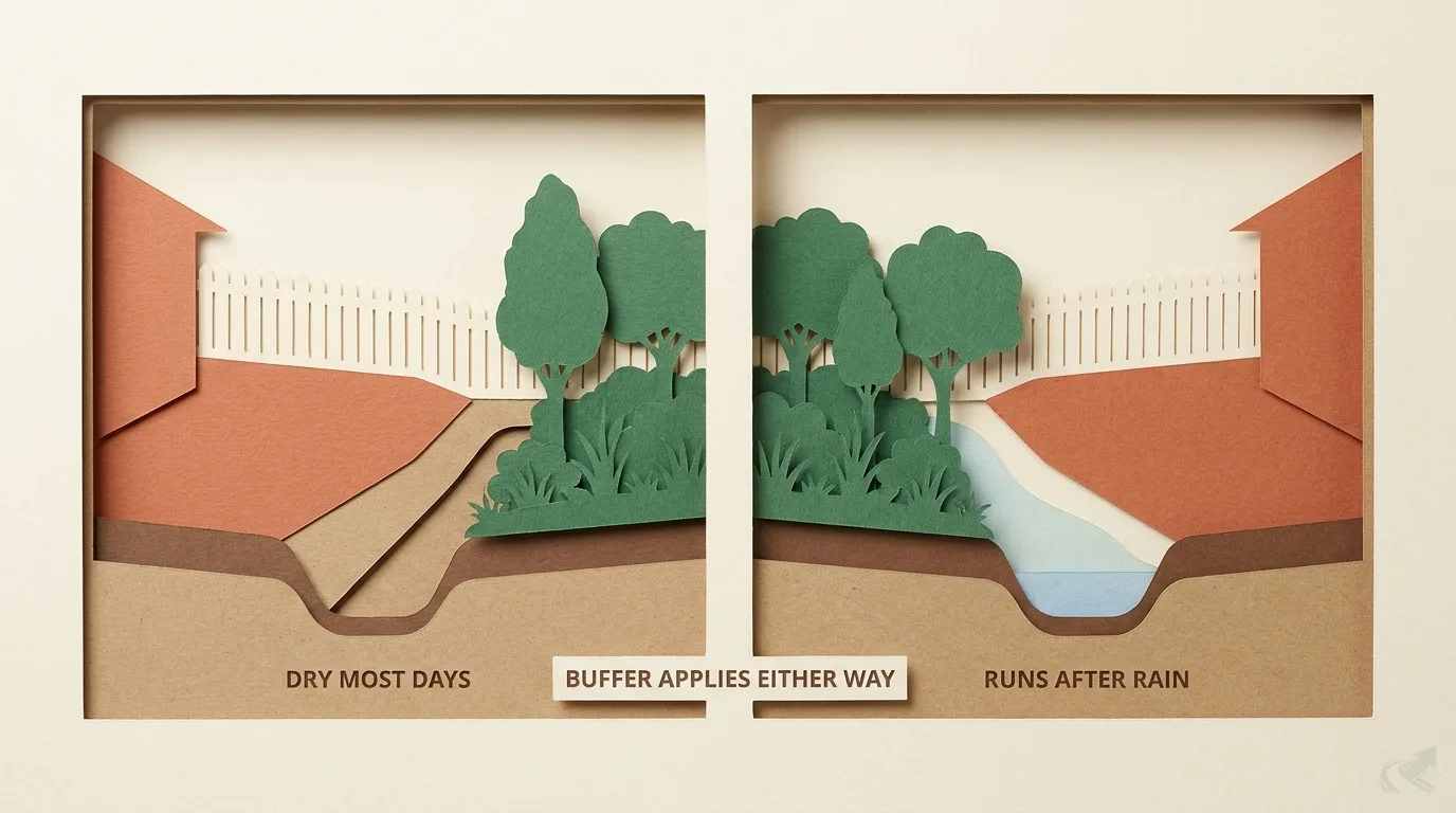 A layered paper-cut cross-section showing the same drainage channel dry and then running after rain, with the protected vegetated strip present in both