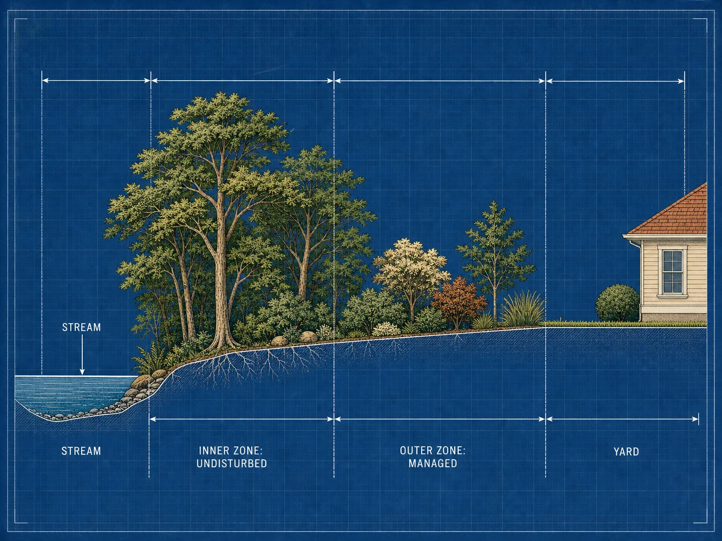A blueprint cross-section of a riparian buffer measured outward from a stream bank, an undisturbed inner zone nearest the water and a managed outer zone behind it, then the buildable yard