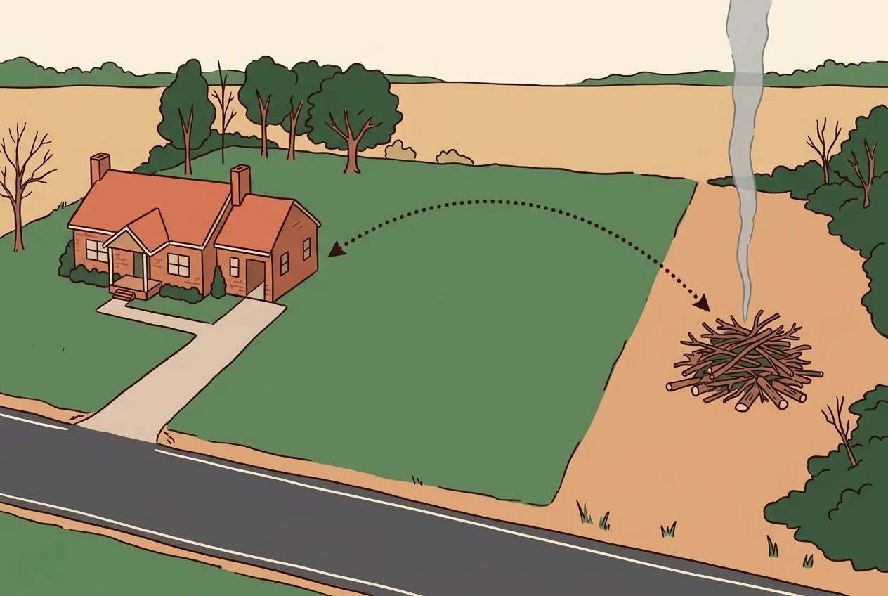 Illustration of a rural lot with a brick house at the left, a wide stretch of open grass, and a single neat pile of cut brush at the right with smoke rising straight up, a dotted arc showing the distance between house and pile.