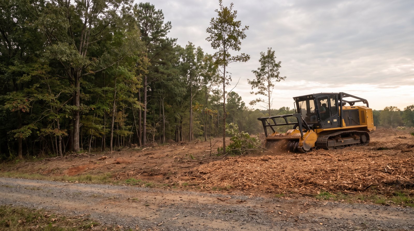 A forestry mulcher working at the edge of standing woods on a North Carolina lot, leaving an even carpet of wood mulch over red clay, with a few small trees left standing.