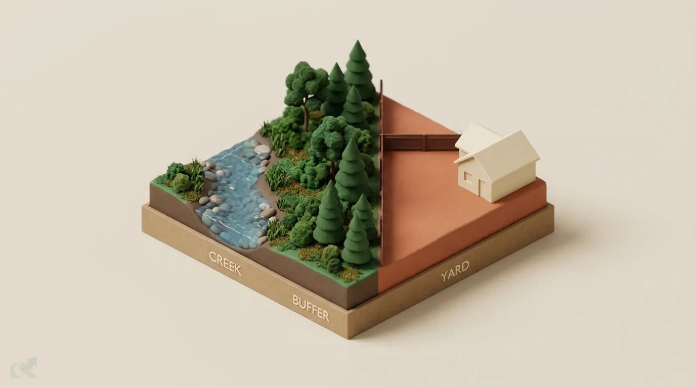 A miniature model cross-section from a creek outward across a protected streamside buffer to a graded back yard